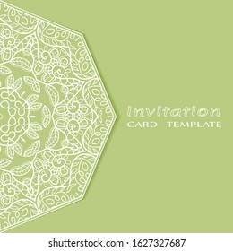 Invitation or Card template with lacе frame border, doodle line pattern, mandala element. Decorative openwork filigree art background for Wedding, Valentine's day greeting card, Birthday Invitation