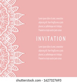 Invitation or Card template with lacе frame border, doodle line pattern, mandala element. Decorative openwork filigree art background for Wedding, Valentine's day greeting card, Birthday Invitation