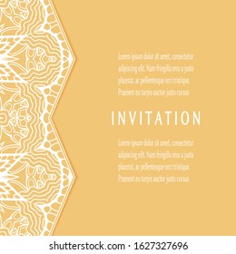 Invitation or Card template with lacе frame border, doodle line pattern, mandala element. Decorative openwork filigree art background for Wedding, Valentine's day greeting card, Birthday Invitation