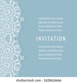 Invitation or Card template with lacе frame border, doodle line pattern, mandala element. Decorative openwork filigree art background for Wedding, Valentine's day greeting card, Birthday Invitation