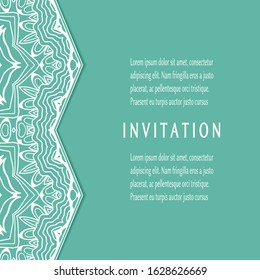 Invitation or Card template with lacе frame border, doodle line pattern, mandala element. Decorative openwork filigree art background for Wedding, Valentine's day greeting card, Birthday Invitation