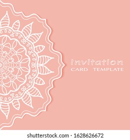 Invitation or Card template with lacе frame border, doodle line pattern, mandala element. Decorative openwork filigree art background for Wedding, Valentine's day greeting card, Birthday Invitation