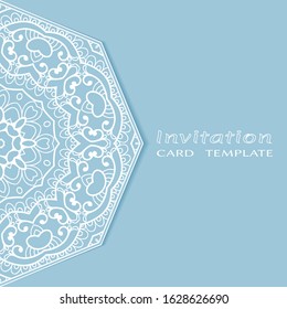 Invitation or Card template with lacе frame border, doodle line pattern, mandala element. Decorative openwork filigree art background for Wedding, Valentine's day greeting card, Birthday Invitation