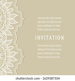 Invitation or Card template with lacе frame border, doodle line pattern, mandala element. Decorative openwork filigree art background for Wedding, Valentine's day greeting card, Birthday Invitation