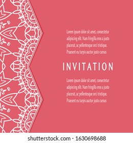 Invitation or Card template with lacе frame border, doodle line pattern, mandala element. Decorative openwork filigree art background for Wedding, Valentine's day greeting card, Birthday Invitation