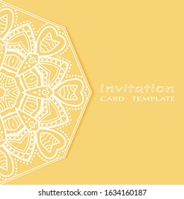 Invitation or Card template with lacе frame border, doodle line pattern, mandala element. Decorative openwork filigree art background for Wedding, Valentine's day greeting card, Birthday Invitation
