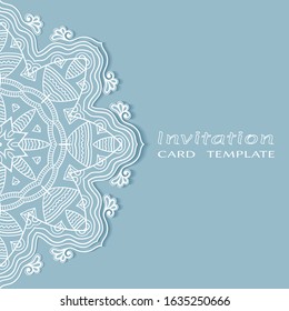 Invitation or Card template with lacе frame border, doodle line pattern, mandala element. Decorative openwork filigree art background for Wedding, Valentine's day greeting card, Birthday Invitation