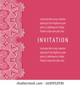 Invitation or Card template with lacе frame border, doodle line pattern, mandala element. Decorative openwork filigree art background for Wedding, Valentine's day greeting card, Birthday Invitation