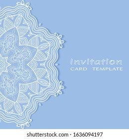 Invitation or Card template with lacе frame border, doodle line pattern, mandala element. Decorative openwork filigree art background for Wedding, Valentine's day greeting card, Birthday Invitation
