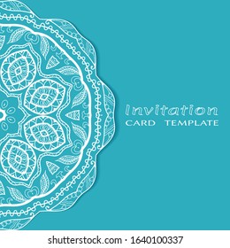 Invitation or Card template with lacе frame border, doodle line pattern, mandala element. Decorative openwork filigree art background for Wedding, Valentine's day greeting card, Birthday Invitation