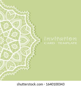 Invitation or Card template with lacе frame border, doodle line pattern, mandala element. Decorative openwork filigree art background for Wedding, Valentine's day greeting card, Birthday Invitation