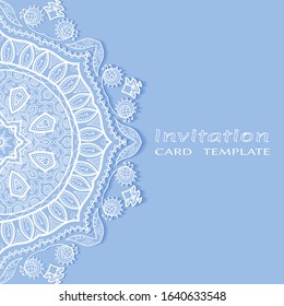 Invitation or Card template with lacе frame border, doodle line pattern, mandala element. Decorative openwork filigree art background for Wedding, Valentine's day greeting card, Birthday Invitation