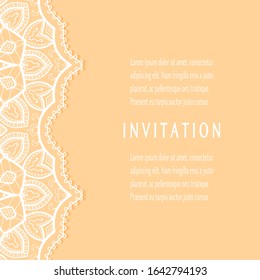 Invitation or Card template with lacе frame border, doodle line pattern, mandala element. Decorative openwork filigree art background for Wedding, Valentine's day greeting card, Birthday Invitation