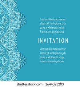 Invitation or Card template with lacе frame border, doodle line pattern, mandala element. Decorative openwork filigree art background for Wedding, Valentine's day greeting card, Birthday Invitation