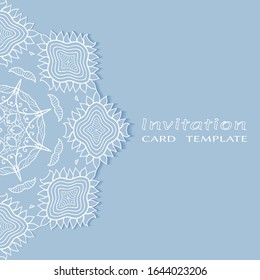 Invitation or Card template with lacе frame border, doodle line pattern, mandala element. Decorative openwork filigree art background for Wedding, Valentine's day greeting card, Birthday Invitation