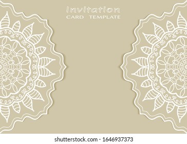 Invitation or Card template with lacе frame border, doodle line pattern, mandala element. Decorative openwork filigree art background for Wedding, Valentine's day greeting card, Birthday Invitation