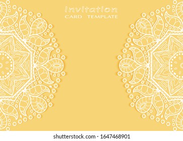 Invitation or Card template with lacе frame border, doodle line pattern, mandala element. Decorative openwork filigree art background for Wedding, Valentine's day greeting card, Birthday Invitation