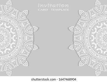 Plantilla de invitación o tarjeta con borde de marco lacado, patrón de línea de doodle, elemento mandala. Antecedentes decorativos de arte de fibra para bodas, tarjeta de felicitación de San Valentín, Invitación de cumpleaños
