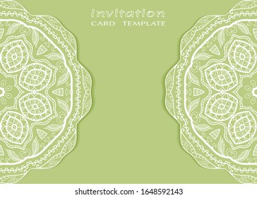 Invitation or Card template with lacе frame border, doodle line pattern, mandala element. Decorative openwork filigree art background for Wedding, Valentine's day greeting card, Birthday Invitation