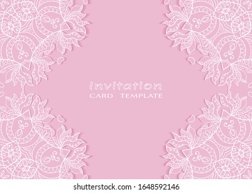 Invitation or Card template with lacе frame border, doodle line pattern, mandala element. Decorative openwork filigree art background for Wedding, Valentine's day greeting card, Birthday Invitation