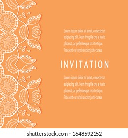 Invitation or Card template with lacе frame border, doodle line pattern, mandala element. Decorative openwork filigree art background for Wedding, Valentine's day greeting card, Birthday Invitation
