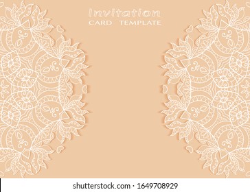Invitation or Card template with lacе frame border, doodle line pattern, mandala element. Decorative openwork filigree art background for Wedding, Valentine's day greeting card, Birthday Invitation