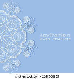 Plantilla de invitación o tarjeta con borde de marco lacado, patrón de línea de doodle, elemento mandala. Antecedentes decorativos de arte de fibra para bodas, tarjeta de felicitación de San Valentín, Invitación de cumpleaños