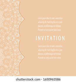 Invitation or Card template with lacе frame border, doodle line pattern, mandala element. Decorative openwork filigree art background for Wedding, Valentine's day greeting card, Birthday Invitation