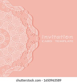 Invitation or Card template with lacе frame border, doodle line pattern, mandala element. Decorative openwork filigree art background for Wedding, Valentine's day greeting card, Birthday Invitation