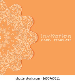 Invitation or Card template with lacе frame border, doodle line pattern, mandala element. Decorative openwork filigree art background for Wedding, Valentine's day greeting card, Birthday Invitation