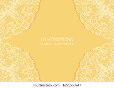Plantilla de invitación o tarjeta con borde de marco lacado, patrón de línea de doodle, elemento mandala. Antecedentes decorativos de arte de fibra para bodas, tarjeta de felicitación de San Valentín, Invitación de cumpleaños