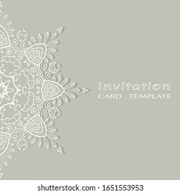Invitation or Card template with lacе frame border, doodle line pattern, mandala element. Decorative openwork filigree art background for Wedding, Valentine's day greeting card, Birthday Invitation