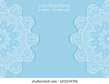 Invitation or Card template with lacе frame border, doodle line pattern, mandala element. Decorative openwork filigree art background for Wedding, Valentine's day greeting card, Birthday Invitation