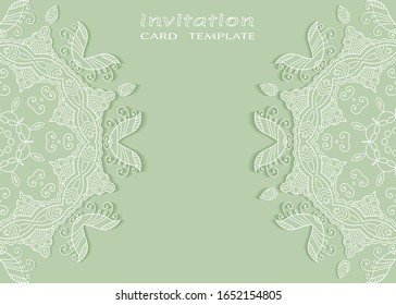Invitation or Card template with lacе frame border, doodle line pattern, mandala element. Decorative openwork filigree art background for Wedding, Valentine's day greeting card, Birthday Invitation