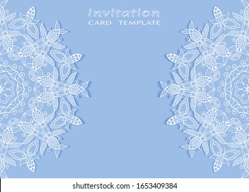 Invitation or Card template with lacе frame border, doodle line pattern, mandala element. Decorative openwork filigree art background for Wedding, Valentine's day greeting card, Birthday Invitation