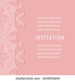 Invitation or Card template with lacе frame border, doodle line pattern, mandala element. Decorative openwork filigree art background for Wedding, Valentine's day greeting card, Birthday Invitation