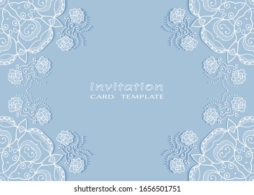 Invitation or Card template with lacе frame border, doodle line pattern, mandala element. Decorative openwork filigree art background for Wedding, Valentine's day greeting card, Birthday Invitation