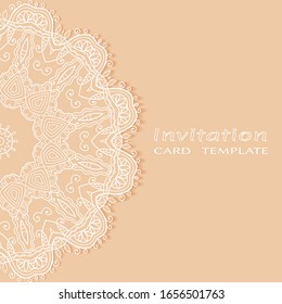 Invitation or Card template with lacе frame border, doodle line pattern, mandala element. Decorative openwork filigree art background for Wedding, Valentine's day greeting card, Birthday Invitation