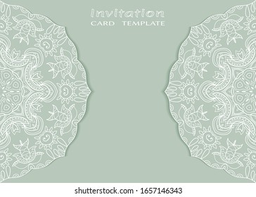 Invitation or Card template with lacе frame border, doodle line pattern, mandala element. Decorative openwork filigree art background for Wedding, Valentine's day greeting card, Birthday Invitation