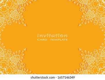 Invitation or Card template with lacе frame border, doodle line pattern, mandala element. Decorative openwork filigree art background for Wedding, Valentine's day greeting card, Birthday Invitation