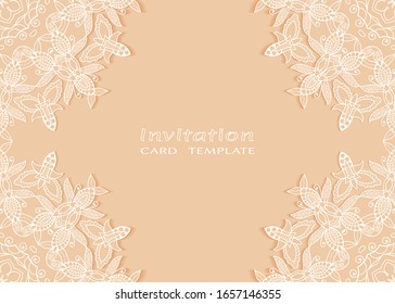 Invitation or Card template with lacе frame border, doodle line pattern, mandala element. Decorative openwork filigree art background for Wedding, Valentine's day greeting card, Birthday Invitation