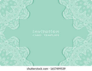 Invitation or Card template with lacе frame border, doodle line pattern, mandala element. Decorative openwork filigree art background for Wedding, Valentine's day greeting card, Birthday Invitation
