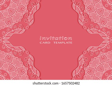 Invitation or Card template with lacе frame border, doodle line pattern, mandala element. Decorative openwork filigree art background for Wedding, Valentine's day greeting card, Birthday Invitation