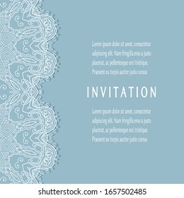 Invitation or Card template with lacе frame border, doodle line pattern, mandala element. Decorative openwork filigree art background for Wedding, Valentine's day greeting card, Birthday Invitation