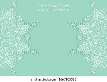 Invitation or Card template with lacе frame border, doodle line pattern, mandala element. Decorative openwork filigree art background for Wedding, Valentine's day greeting card, Birthday Invitation