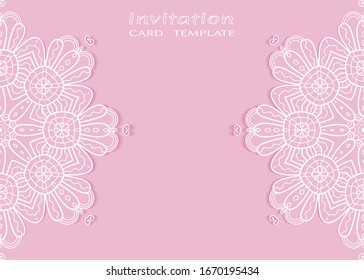 Invitation or Card template with lacе frame border, doodle line pattern, mandala element. Decorative openwork filigree art background for Wedding, Valentine's day greeting card, Birthday Invitation