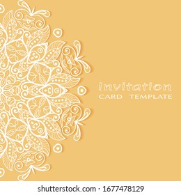 Invitation or Card template with lacе frame border, doodle line pattern, mandala element. Decorative openwork filigree art background for Wedding, Valentine's day greeting card, Birthday Invitation