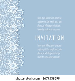 Plantilla de invitación o tarjeta con borde de marco lacado, patrón de línea de doodle, elemento mandala. Antecedentes decorativos de arte de fibra para bodas, tarjeta de felicitación de San Valentín, Invitación de cumpleaños