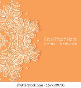 Invitation or Card template with lacе frame border, doodle line pattern, mandala element. Decorative openwork filigree art background for Wedding, Valentine's day greeting card, Birthday Invitation
