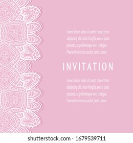 Invitation or Card template with lacе frame border, doodle line pattern, mandala element. Decorative openwork filigree art background for Wedding, Valentine's day greeting card, Birthday Invitation